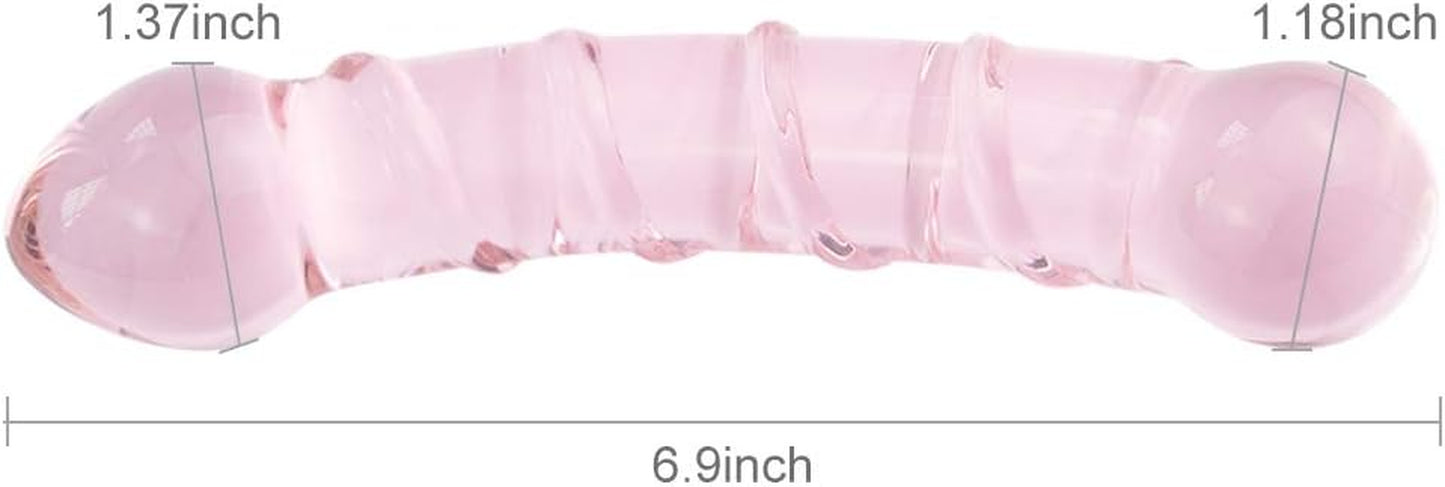 Glass Pleasure Wand, Crystal Double-Ended Dildo Penis with Raised Swirl Texture Mushroom Tip, Anal Butt Plug for G-Spot Stimulation
