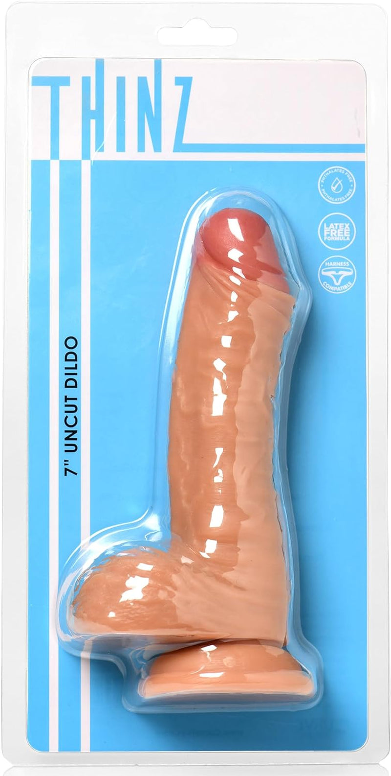 THINZ 7" Uncut Dildo with Balls for Men, Women & Couples. Realism Shape and Texture, Realistically and Artistically Painted, Strong Suction Base, Harness Compatible Dildo. 1 Piece, Large Cut, Light.