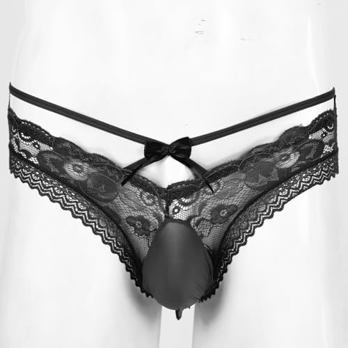 Loloda Men's Sissy Lace Trim Thong Underwear Low Waist Panties See Through Pouch Briefs Black X-Large