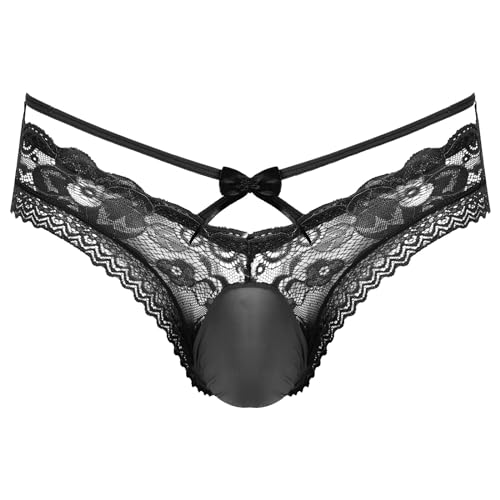 Loloda Men's Sissy Lace Trim Thong Underwear Low Waist Panties See Through Pouch Briefs Black X-Large