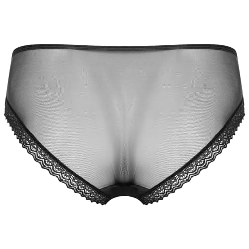 Loloda Men's Sissy Lace Trim Thong Underwear Low Waist Panties See Through Pouch Briefs Black X-Large