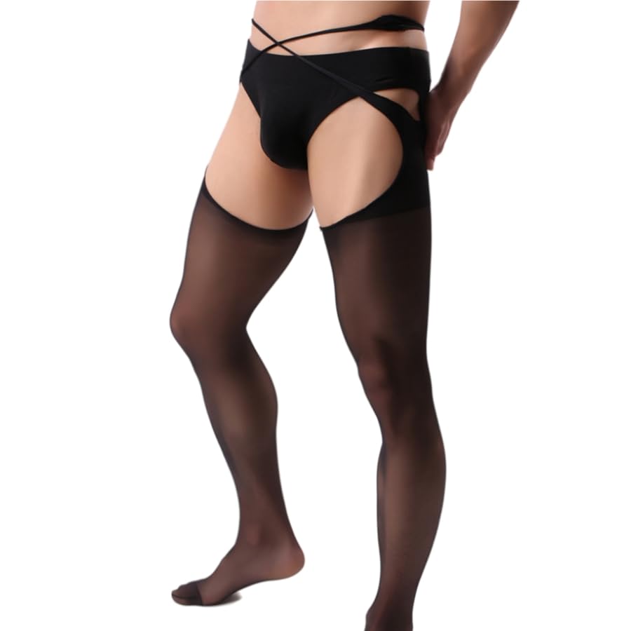 Mens Cross Open Thin High Waist Tights Stockings Fishnets Suspender Garter Sissy Pantyhose for Men and Gay, Black, X-Large