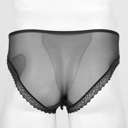 Loloda Men's Sissy Lace Trim Thong Underwear Low Waist Panties See Through Pouch Briefs Black X-Large
