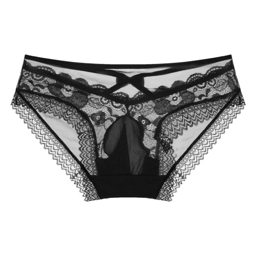 Loloda Men's Sissy Lace Trim Thong Underwear Low Waist Panties See Through Pouch Briefs Black X-Large
