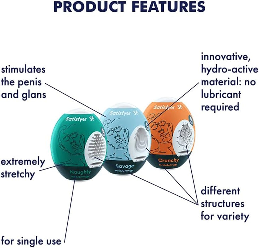 Masturbator Egg 3-Pack | Naughty | Savage | Crunchy | 3 Sensual Structures | Masturbator | Penis Stimulation | Extremely Stretchable | One- Time-Use