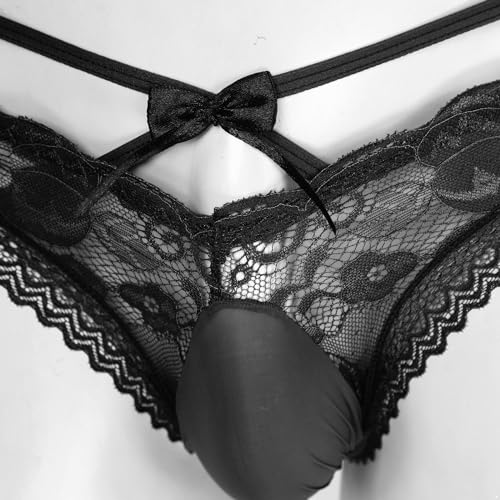 Loloda Men's Sissy Lace Trim Thong Underwear Low Waist Panties See Through Pouch Briefs Black X-Large