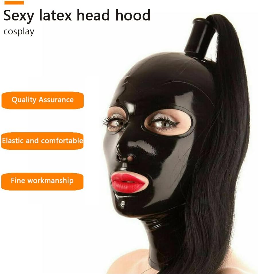 Halloween Masker Sexy100% Natural Latex Mask Hood,Long Ponytail and Back Zipper,Club Party Cosplay,Elastic Comfort,black