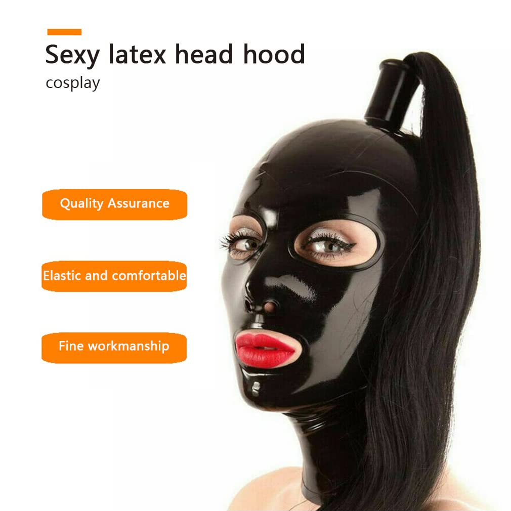 Halloween Masker Sexy100% Natural Latex Mask Hood,Long Ponytail and Back Zipper,Club Party Cosplay,Elastic Comfort,black