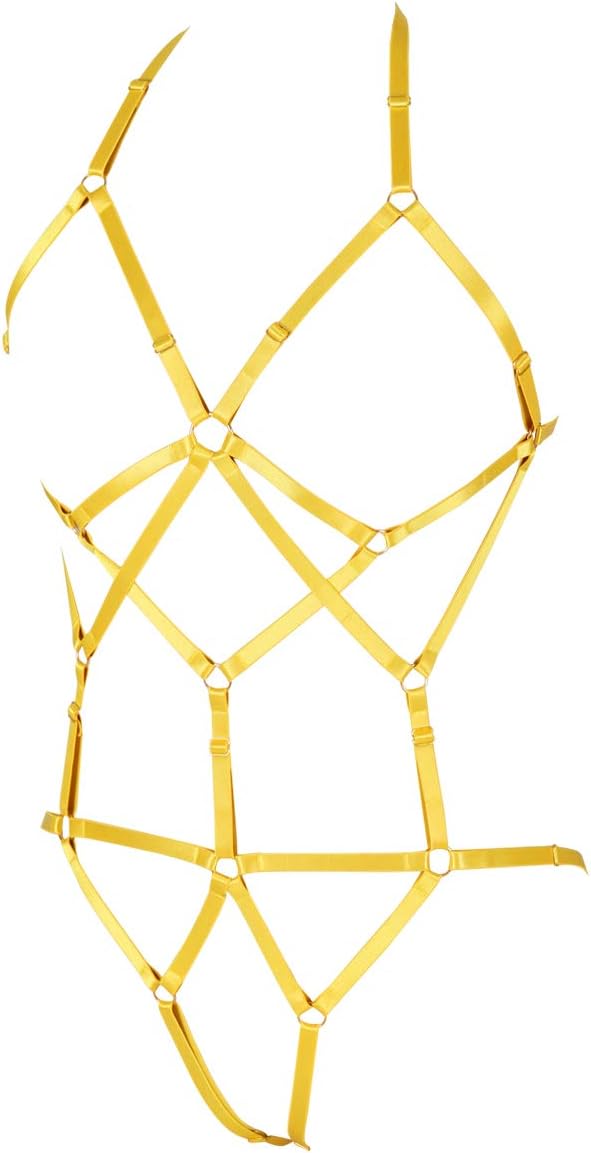 BBOHSS Womens Body Harness Lingerie Set Elastic Cage Bra Harness Garter Belt Gothic (Orange Yellow)