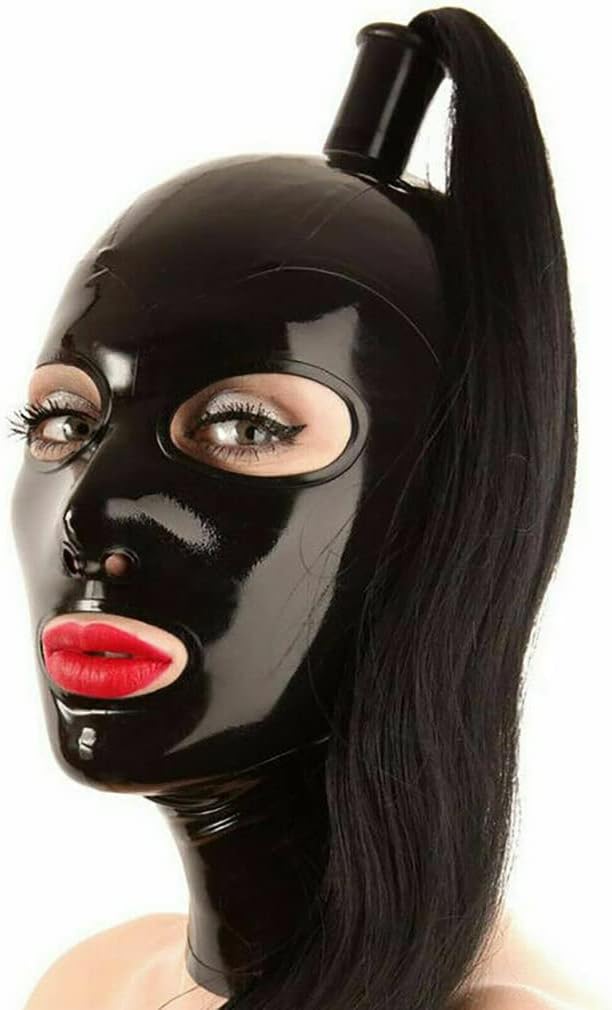Halloween Masker Sexy100% Natural Latex Mask Hood,Long Ponytail and Back Zipper,Club Party Cosplay,Elastic Comfort,black