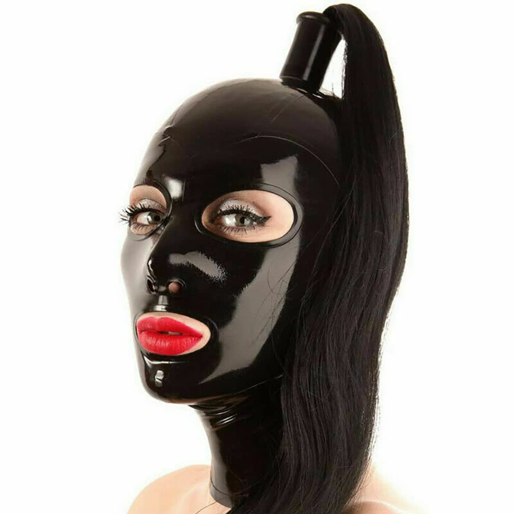 Halloween Masker Sexy100% Natural Latex Mask Hood,Long Ponytail and Back Zipper,Club Party Cosplay,Elastic Comfort,black