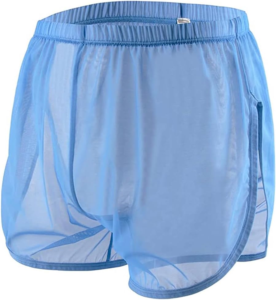 YINYOUYU Mens See Through Shorts Sexy Mesh Underwear Large Split Side Boxer Loose Lounge Breathable Underpants M Blue