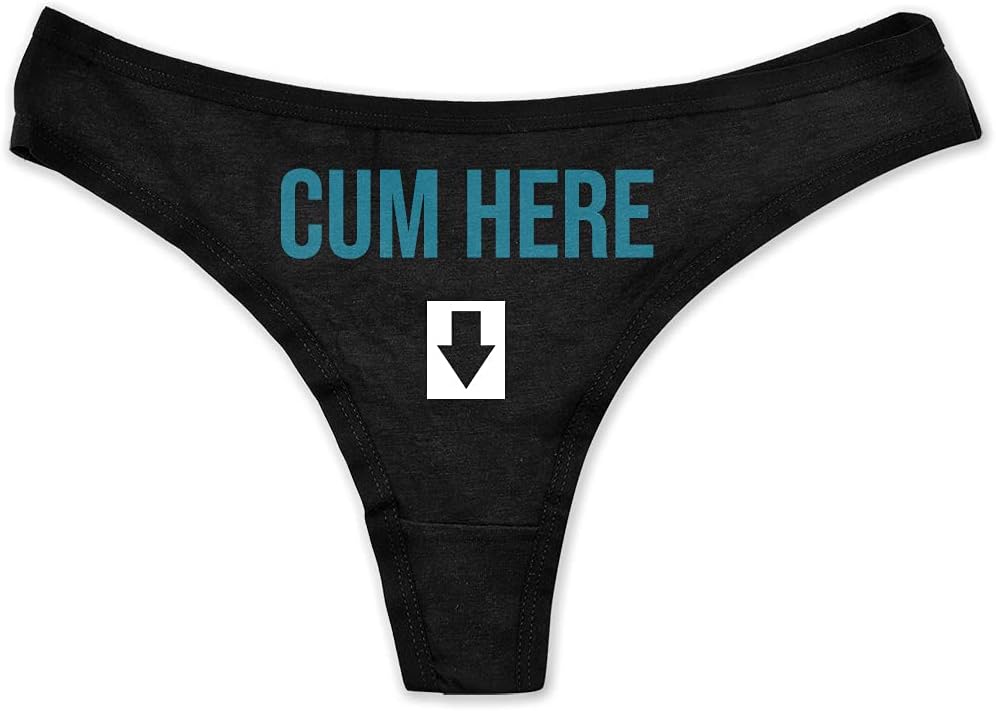 CUM HERE Funny Women Fetish Underwear Black High Rise Thong, Dirty Undies, Aqua, XX-Large