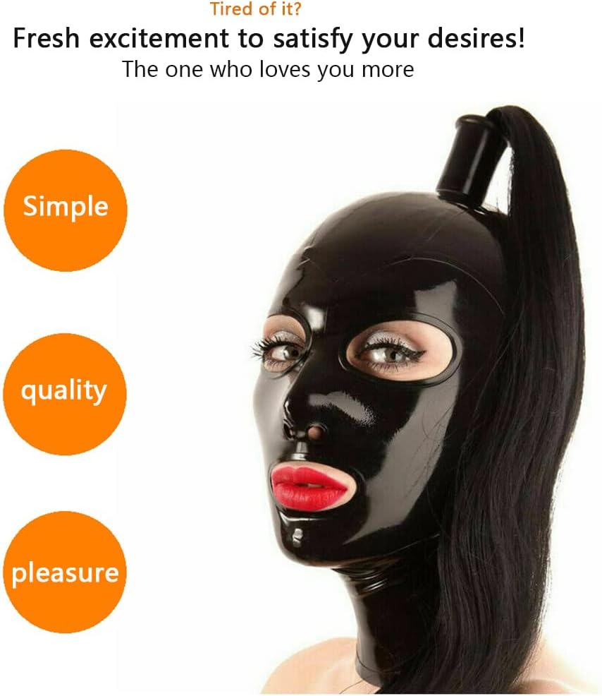 Halloween Masker Sexy100% Natural Latex Mask Hood,Long Ponytail and Back Zipper,Club Party Cosplay,Elastic Comfort,black