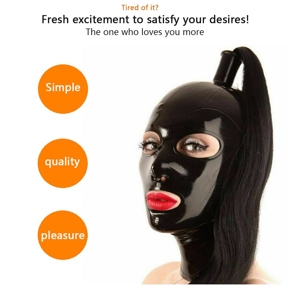 Halloween Masker Sexy100% Natural Latex Mask Hood,Long Ponytail and Back Zipper,Club Party Cosplay,Elastic Comfort,black