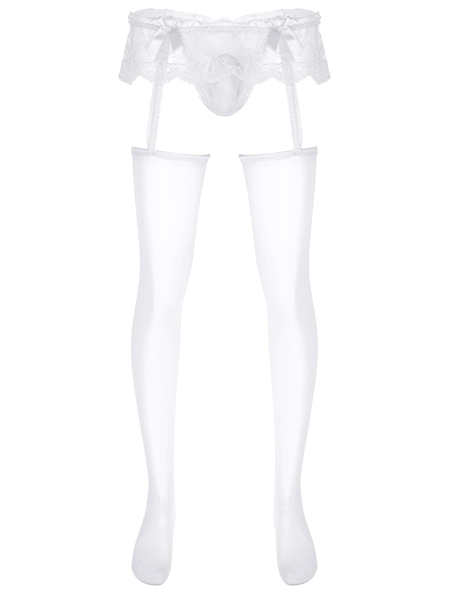 dPois Men's Frilly Skirted Sissy Lace Thongs Panties G-String Garter Belt Crossdress Lingerie Pantyhose White One Size