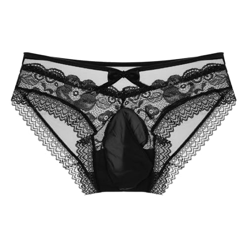 Loloda Men's Sissy Lace Trim Thong Underwear Low Waist Panties See Through Pouch Briefs Black X-Large