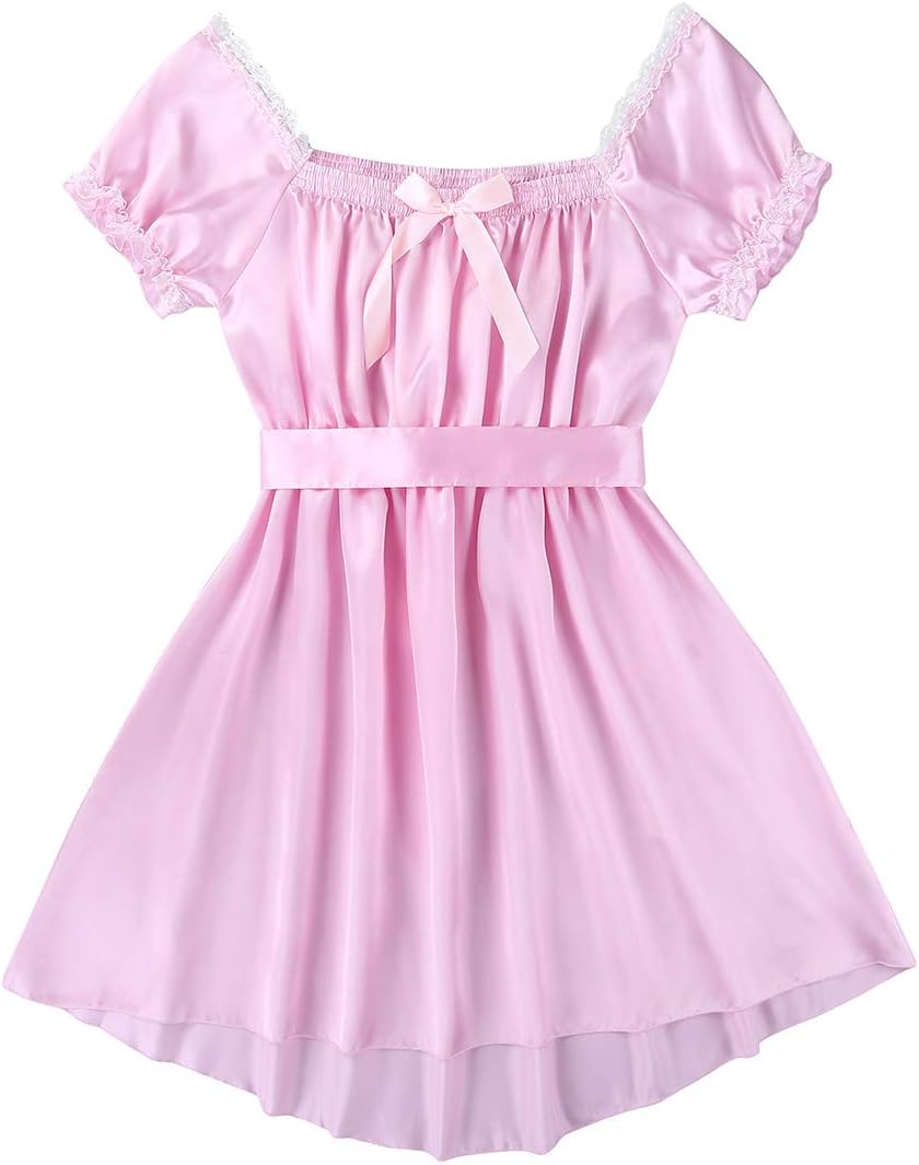 LiiYii Men's Sissy Lingerie Shiny Satin Dress Ruffled Frilly Crossdressing Pajamas Sleepwear Pink Large
