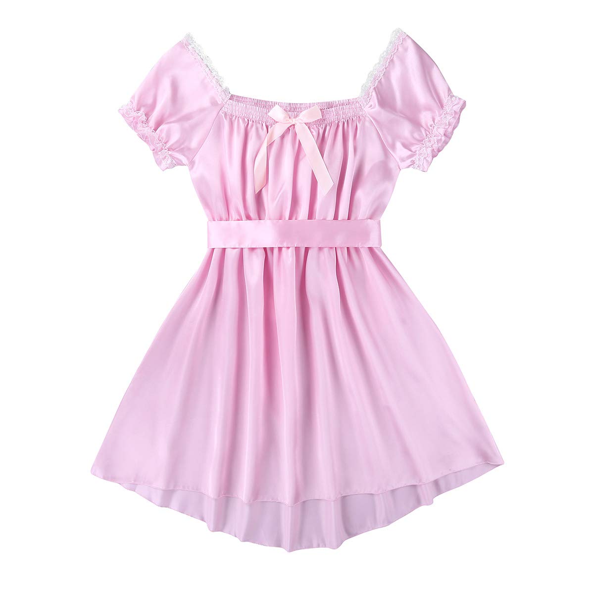 LiiYii Men's Sissy Lingerie Shiny Satin Dress Ruffled Frilly Crossdressing Pajamas Sleepwear Pink Large