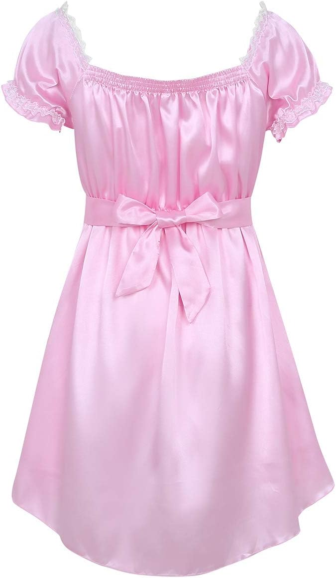 LiiYii Men's Sissy Lingerie Shiny Satin Dress Ruffled Frilly Crossdressing Pajamas Sleepwear Pink Large
