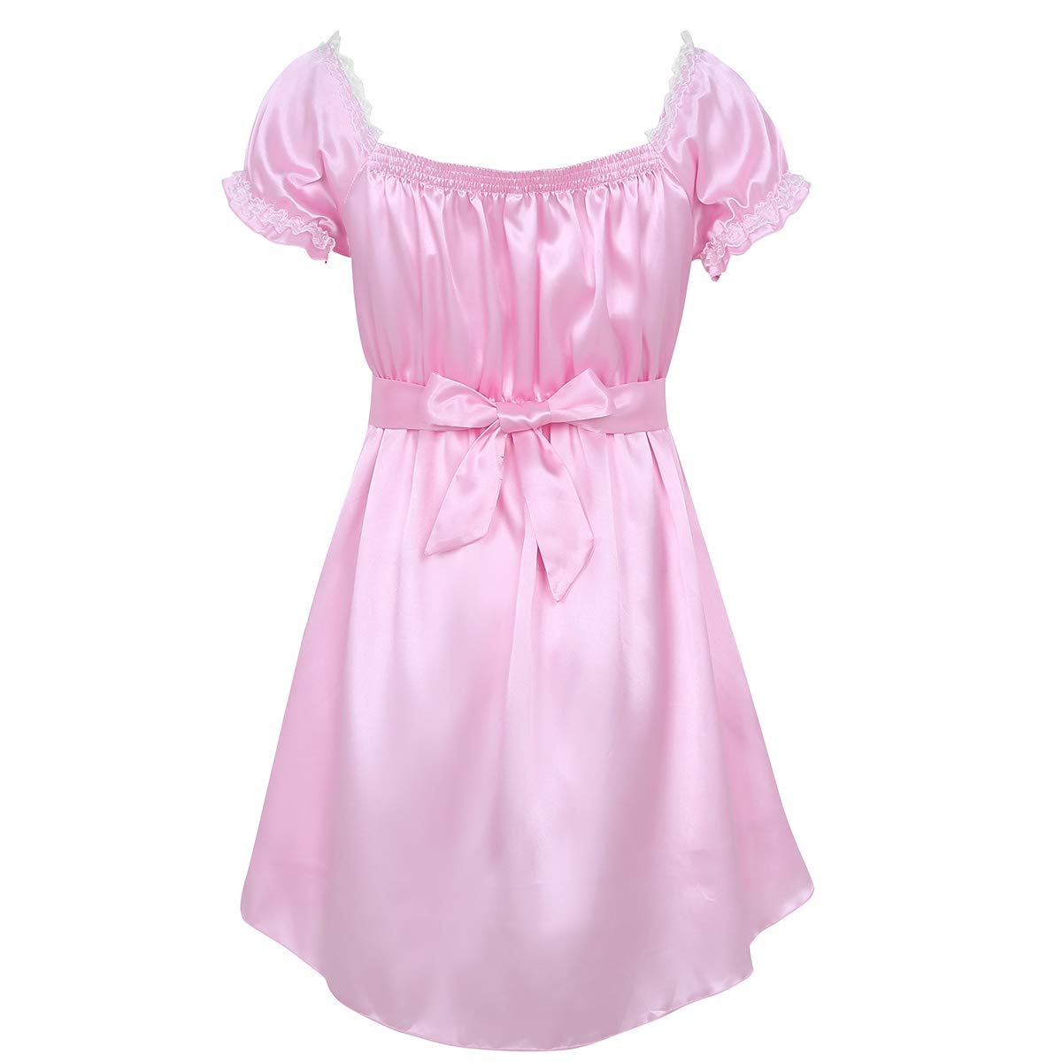 LiiYii Men's Sissy Lingerie Shiny Satin Dress Ruffled Frilly Crossdressing Pajamas Sleepwear Pink Large