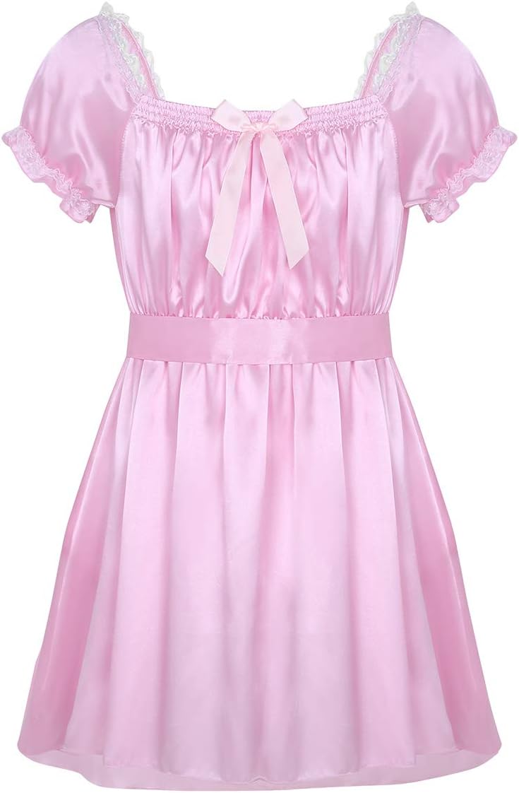 LiiYii Men's Sissy Lingerie Shiny Satin Dress Ruffled Frilly Crossdressing Pajamas Sleepwear Pink Large