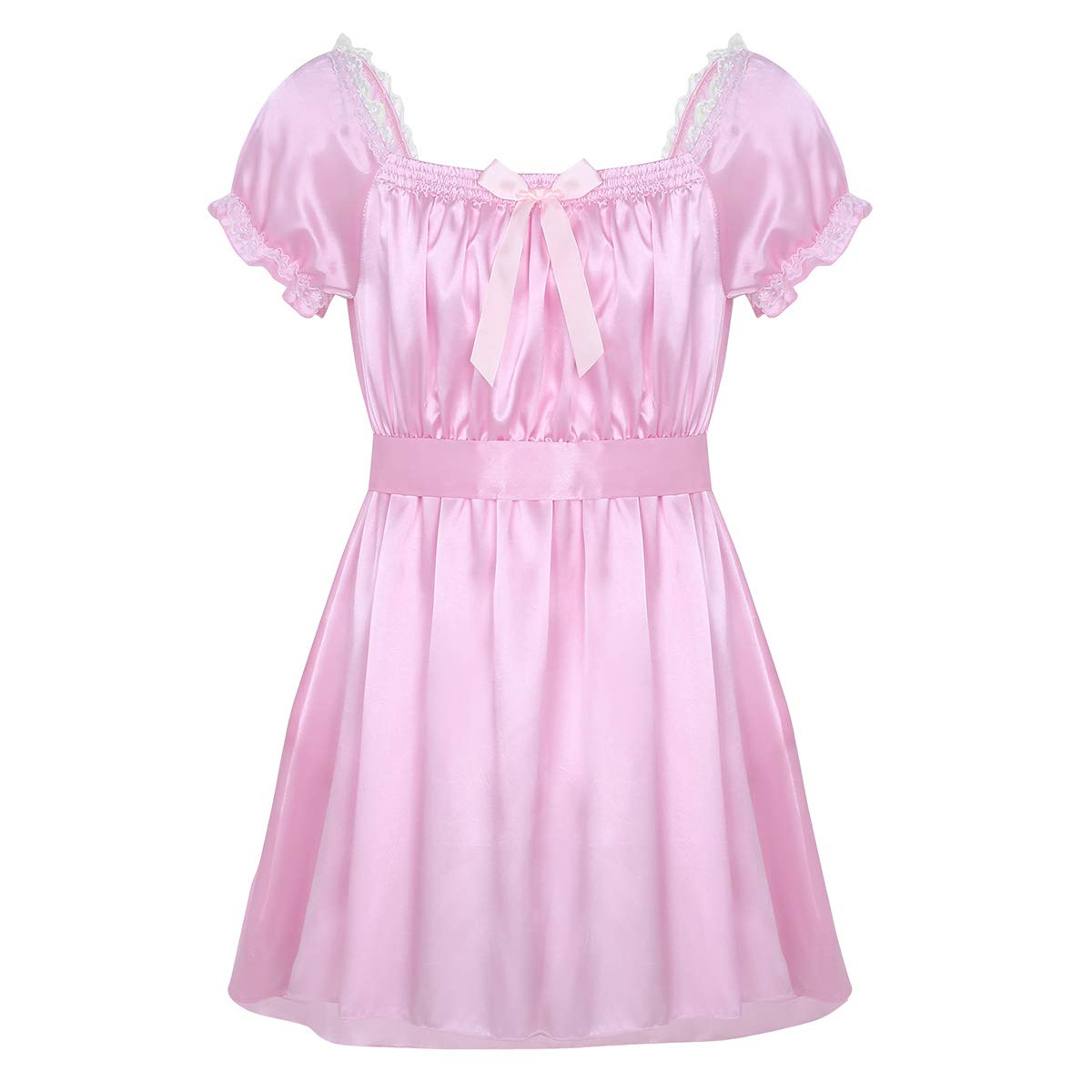 LiiYii Men's Sissy Lingerie Shiny Satin Dress Ruffled Frilly Crossdressing Pajamas Sleepwear Pink Large
