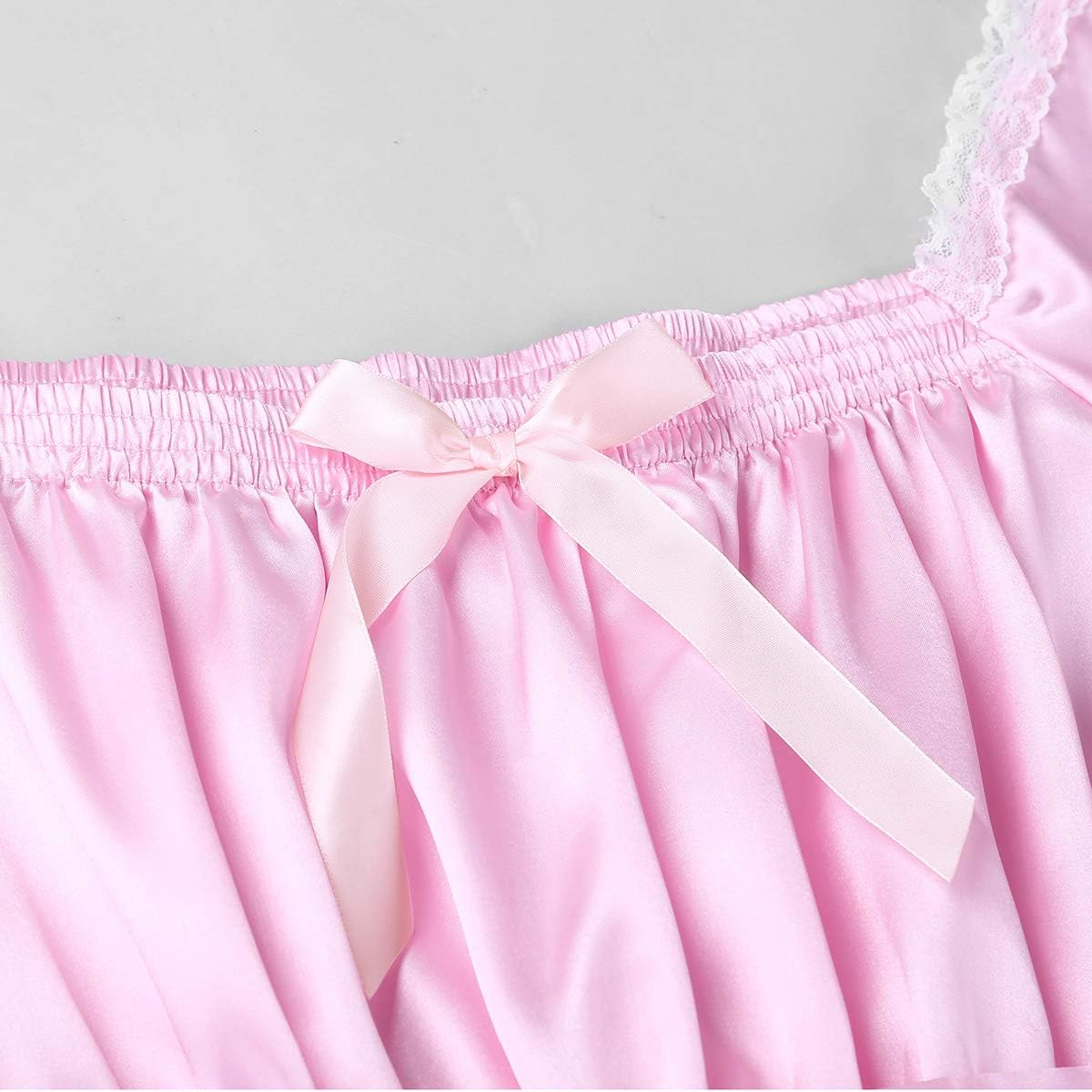 LiiYii Men's Sissy Lingerie Shiny Satin Dress Ruffled Frilly Crossdressing Pajamas Sleepwear Pink Large