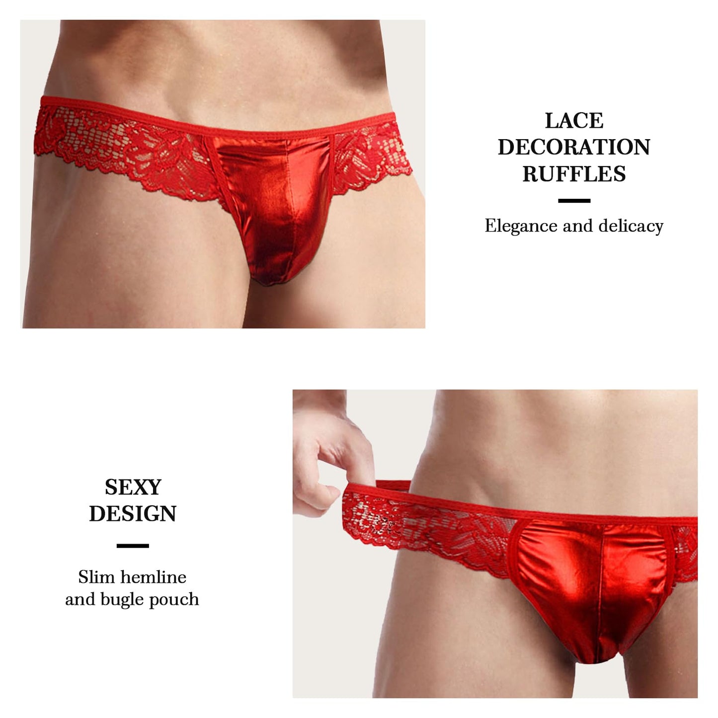 GENEMEN Mens Lace Frilly G-String Sexy Panties Bugle Pouch T-Back Thongs Sissy Lingerie (Red)