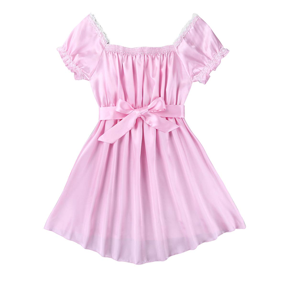 LiiYii Men's Sissy Lingerie Shiny Satin Dress Ruffled Frilly Crossdressing Pajamas Sleepwear Pink Large