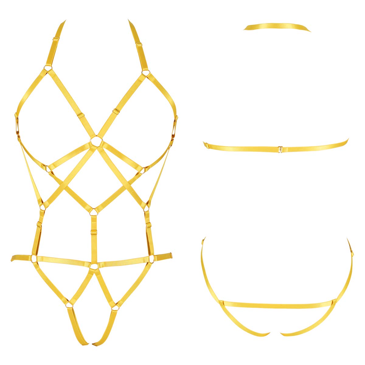 BBOHSS Womens Body Harness Lingerie Set Elastic Cage Bra Harness Garter Belt Gothic (Orange Yellow)