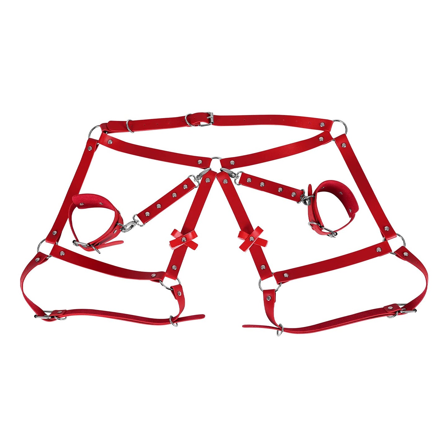 Women's Leather Body Wrist Lock Harness Punk Garter Belt Belt Leg Belt Adjustment Size Halloween Rave (Red)