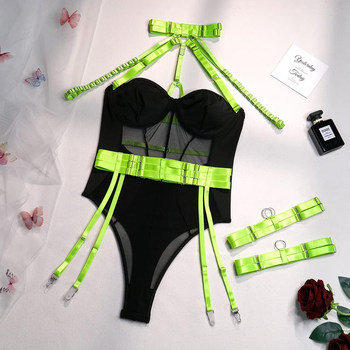 4UFIT Women Garter Lingerie Set Strappy Harness Teddy Naughty Bodysuit Exotic Babydoll Green