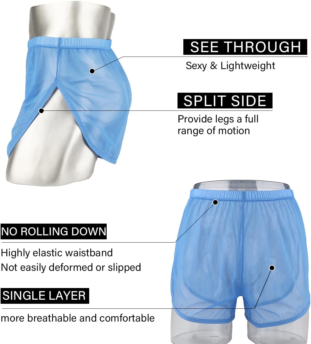 YINYOUYU Mens See Through Shorts Sexy Mesh Underwear Large Split Side Boxer Loose Lounge Breathable Underpants M Blue
