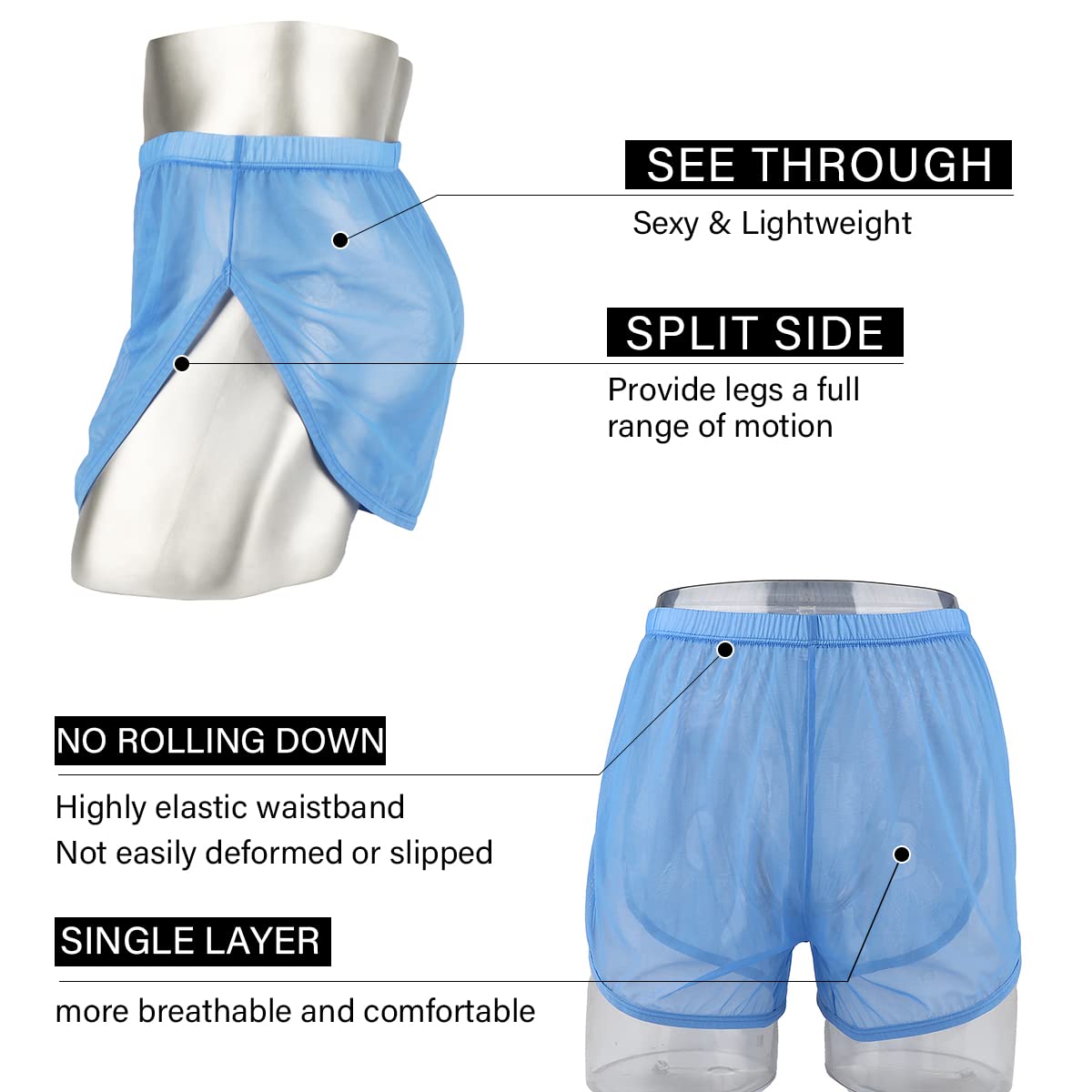 YINYOUYU Mens See Through Shorts Sexy Mesh Underwear Large Split Side Boxer Loose Lounge Breathable Underpants M Blue