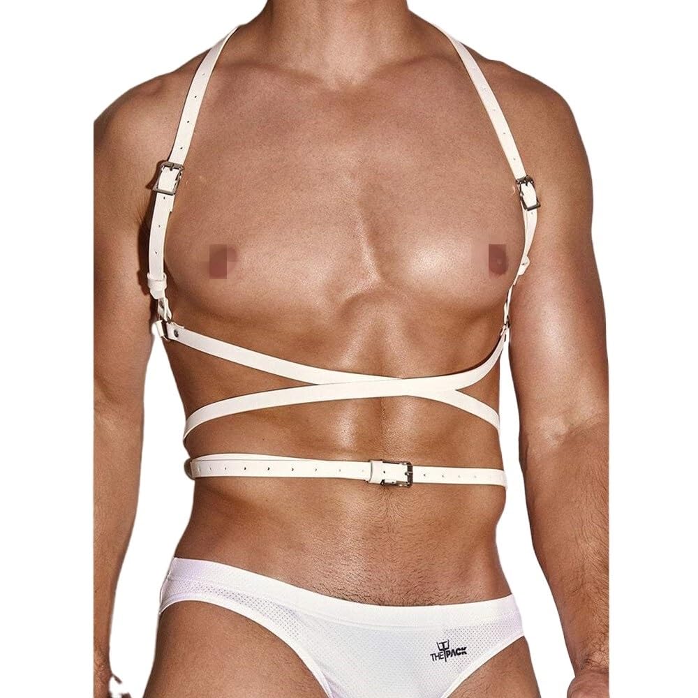 Mens Full Body Harness Leather Chest Harness Punk Belt Sexy Costume Gay Clothing Fetish Sexual Self Bondage Clubwear (Color : White, Size : One size)