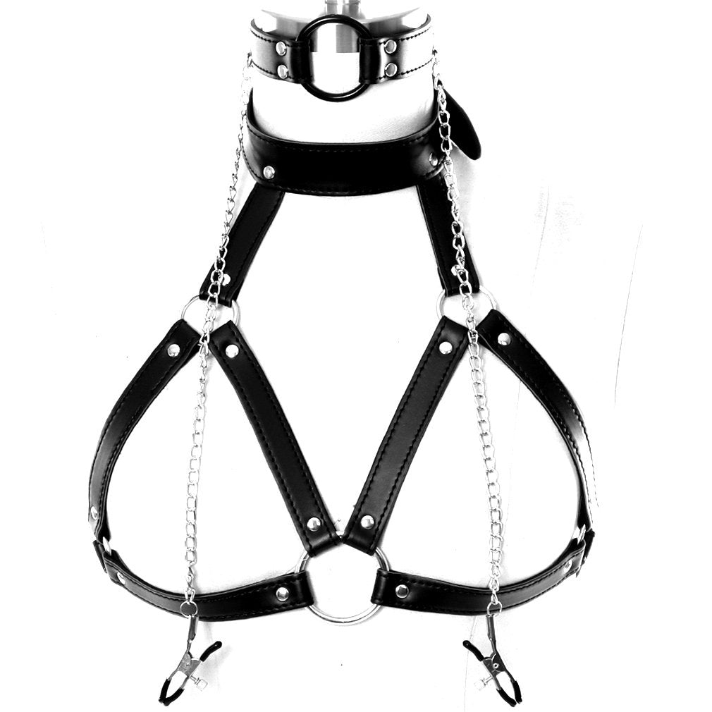 BBOHSS Ladies PU Leather Body Harness Bra Punk Gothic Bra Metal Chain Tassel Cage Rock Party Halloween Carnival (Black A)