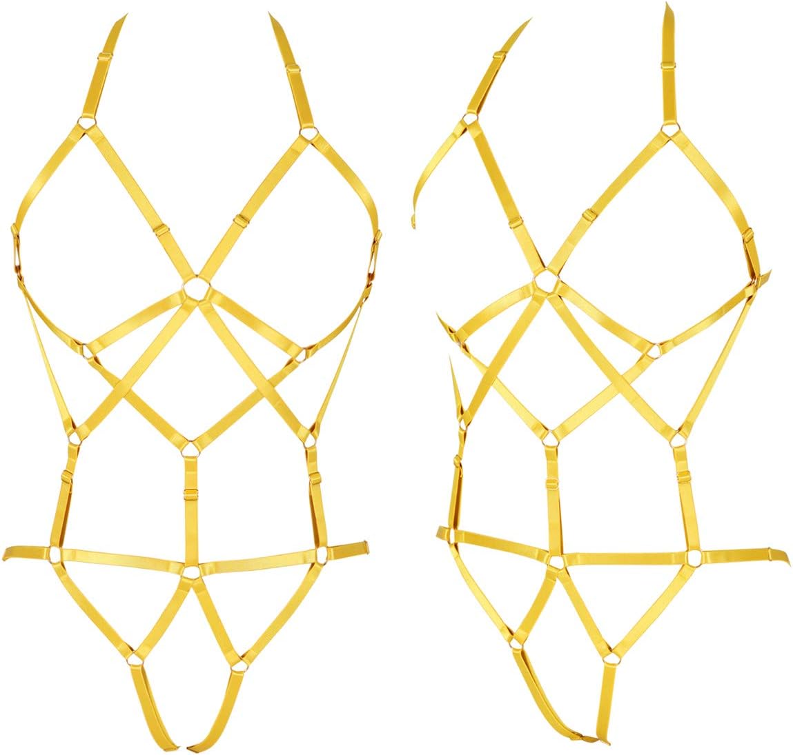 BBOHSS Womens Body Harness Lingerie Set Elastic Cage Bra Harness Garter Belt Gothic (Orange Yellow)