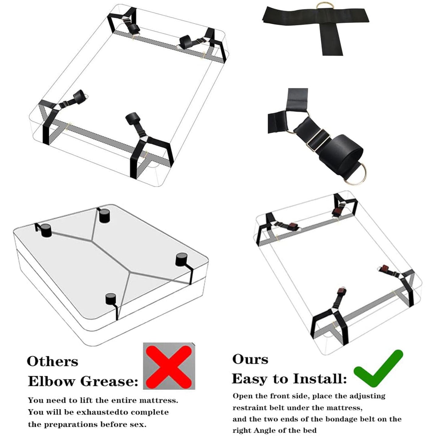 Sex Bondage BDSM Kit Bed Restraints Set, Super Easy Install Sex Rope Adjustable Straps, Sex Toys with Handcuffs Ankle Cuff for Adults Women Couples Game Pleasure,Quick 3-Minute Installation