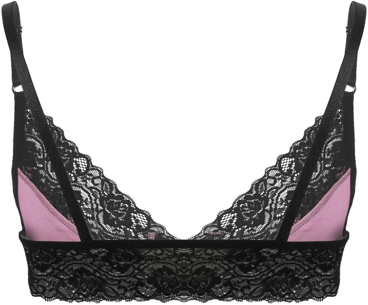 dPois Mens Sissy Underwear Transgender Outfits Silky Satin Lace Patchwork Bra and Panty Set Pink Large