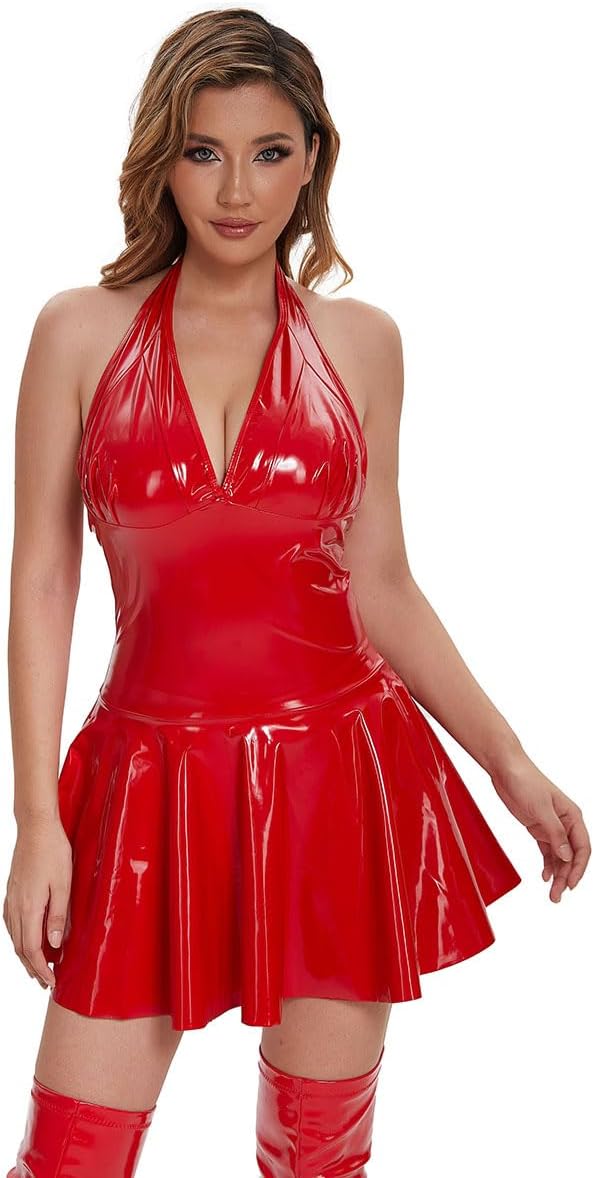 xokesy Women Sexy Leather Dress, Glossy PVC Leather, Sexy Breast Exposing, Shiny Pleated Latex Skirt, Red, 3X-Large