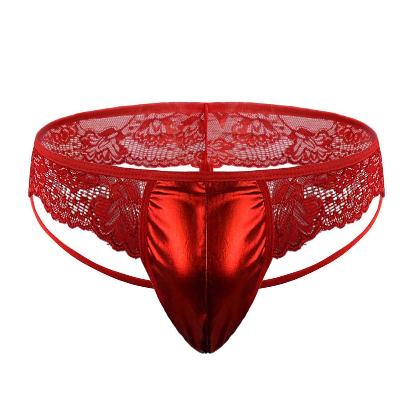 GENEMEN Mens Lace Frilly G-String Sexy Panties Bugle Pouch T-Back Thongs Sissy Lingerie (Red)