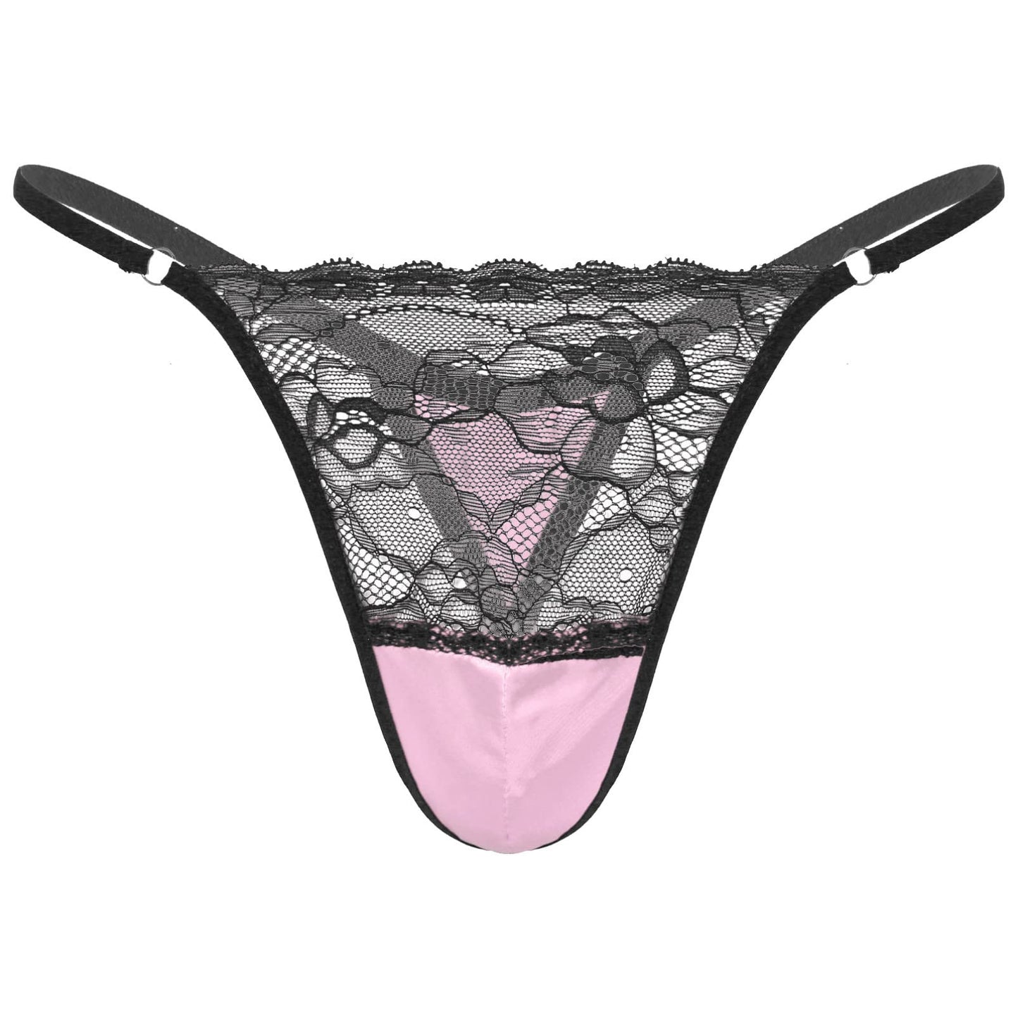 dPois Mens Sissy Underwear Transgender Outfits Silky Satin Lace Patchwork Bra and Panty Set Pink Large