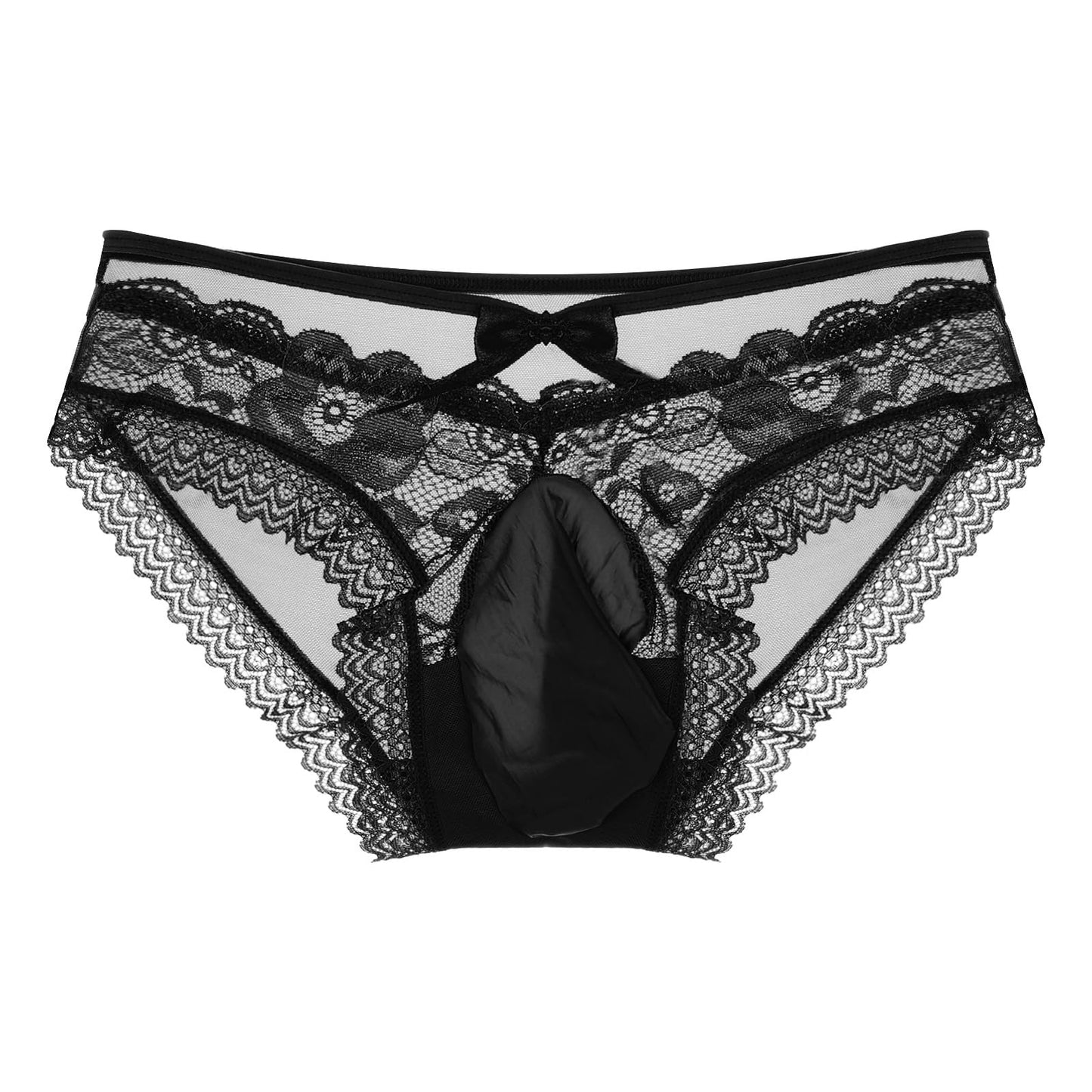Loloda Men's Sissy Lace Trim Thong Underwear Low Waist Panties See Through Pouch Briefs Black X-Large
