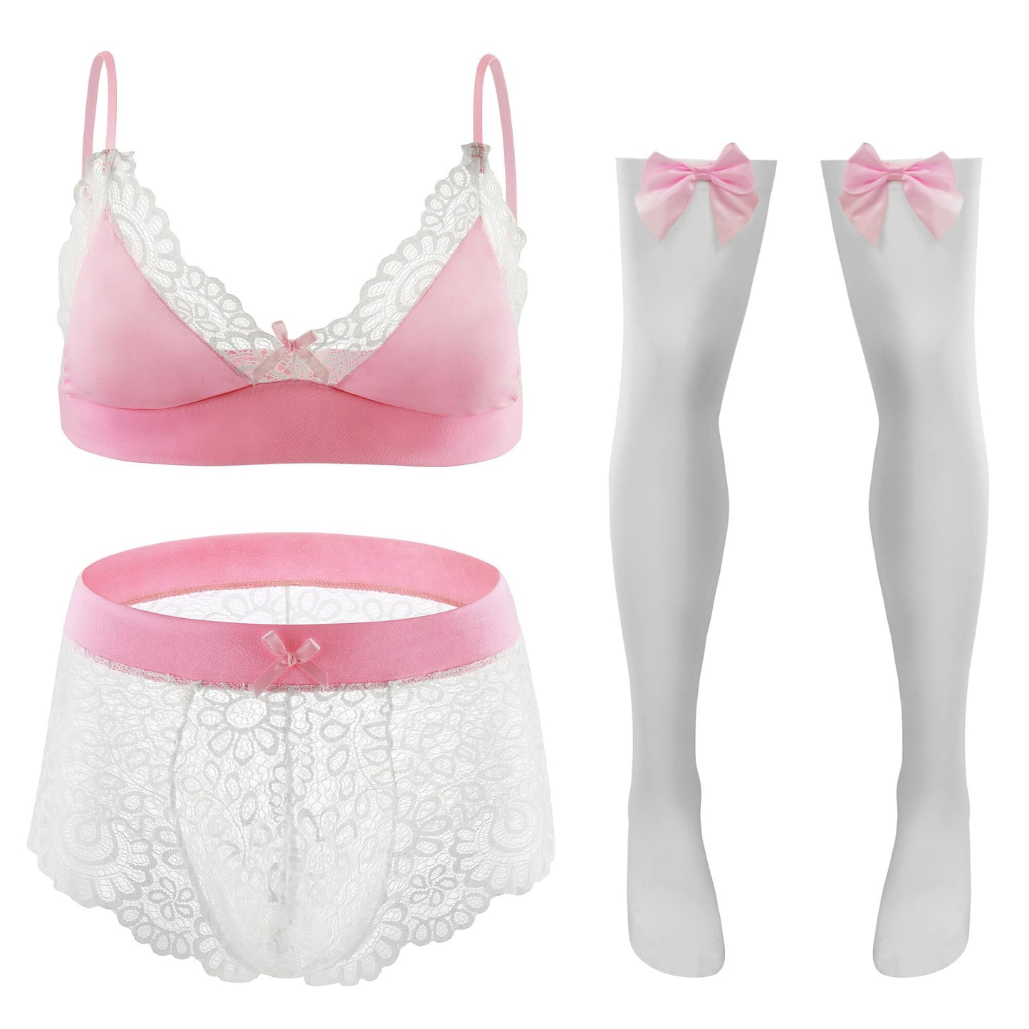 Men’s Sissy Lace Underwear Sheer Floral Lingerie Stretch Breathable Low Rise Panties Crossdressers Stockings 4pcs Pink M
