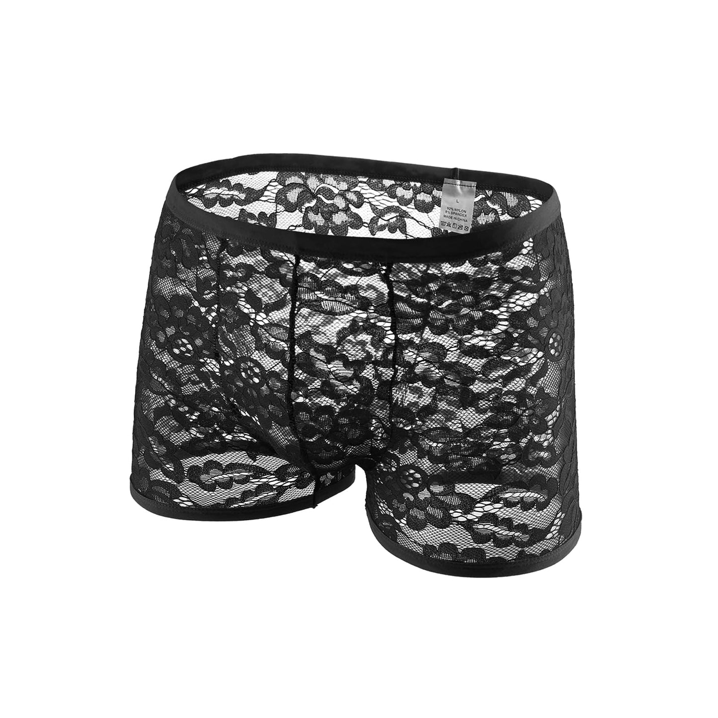 GENEMEN Mens Lace Boxers Briefs Sheer Underwear Sissy Panties Sexy Lingerie for Men (Black, XXL)