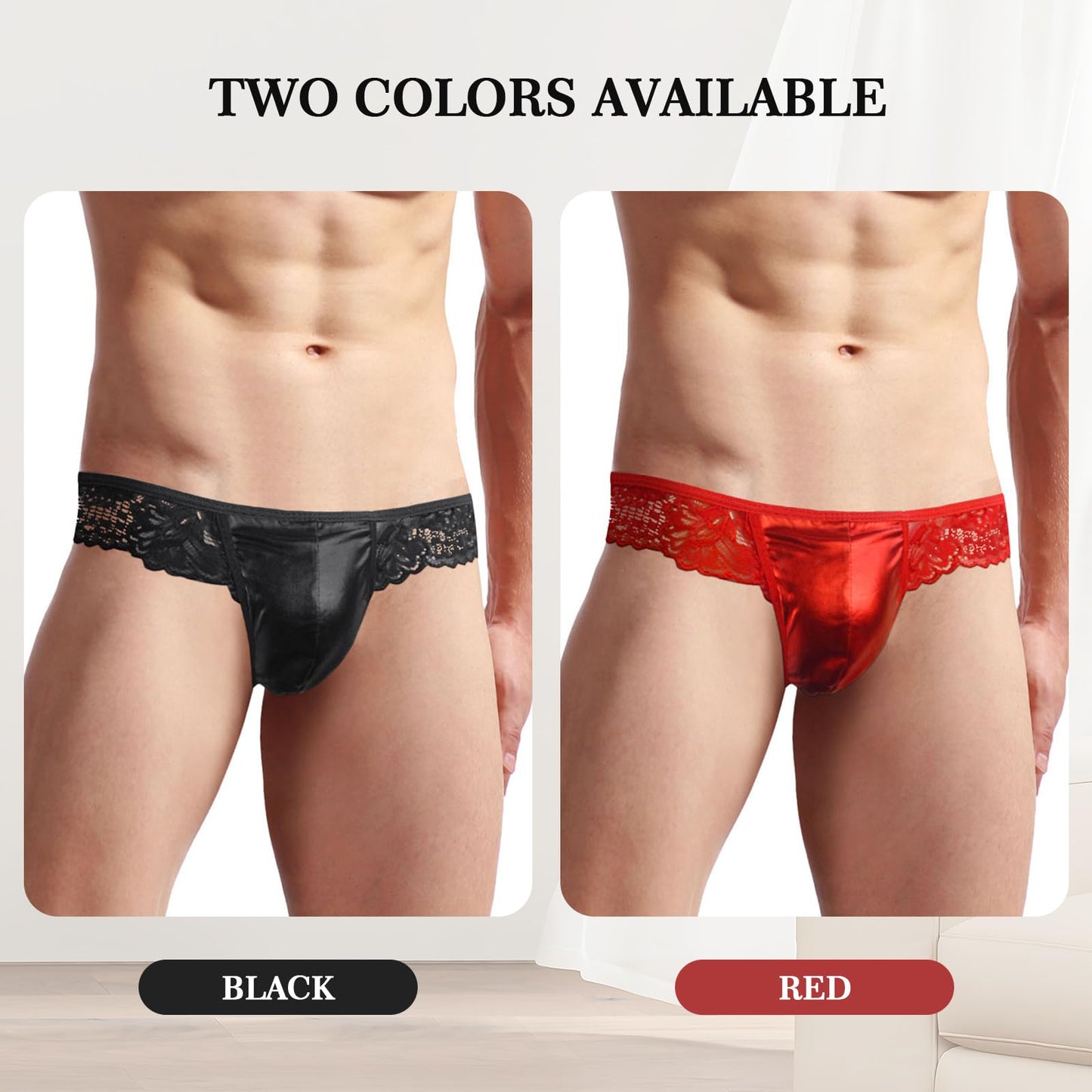 GENEMEN Mens Lace Frilly G-String Sexy Panties Bugle Pouch T-Back Thongs Sissy Lingerie (Red)