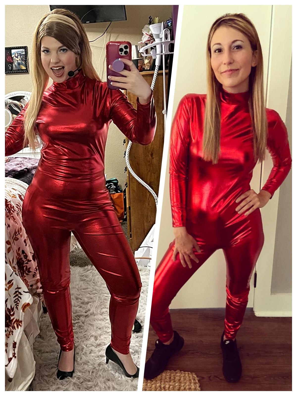 Kepblom Shiny Metallic Unitard Turtleneck Long Sleeve Footless Zentai Suit Catsuit Dancewear