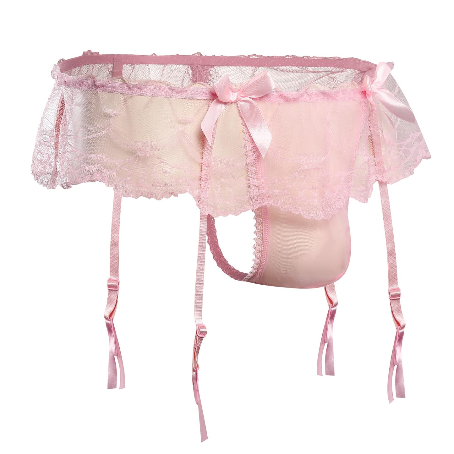 WINTOFW Lace Sissy Pouch Panties for Men Crossdressers Men's Lingerie Skirt G-String Underwear Briefs with Garters, Thongs#pink Lace, One Size