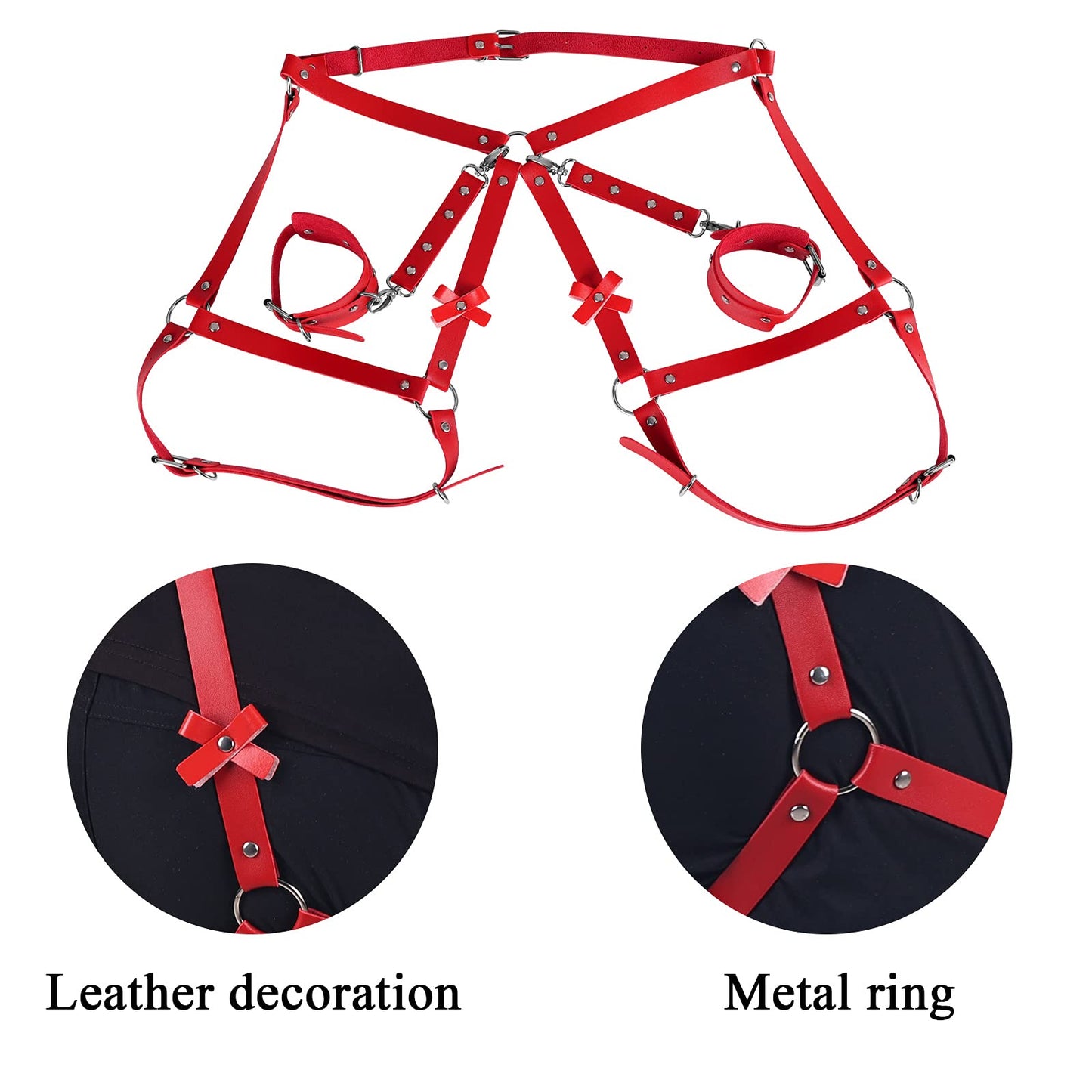 Women's Leather Body Wrist Lock Harness Punk Garter Belt Belt Leg Belt Adjustment Size Halloween Rave (Red)